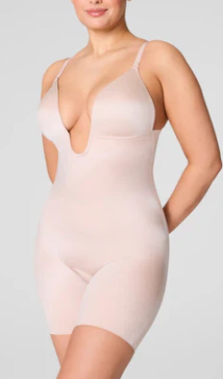 SPANXshape Suit Your Fancy Plunge Low-Back Mid-Thigh Bodysuit Beige Large